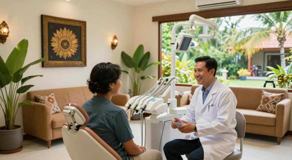 A professional dental clinic in Bali, featuring a welcoming reception area with comfortable seating, cheerful greenery, and Balinese decor. In the foreground, a dentist, dressed in a white lab coat and a friendly smile, is consulting with a patient, who is dressed in smart casual attire. The middle ground showcases dental equipment and elegant artwork on the walls, contributing to a calming atmosphere. In the background, large windows reveal a lush tropical landscape bathed in natural sunlight, adding warmth to the scene. The lighting is soft and inviting, creating a friendly and professional mood reminiscent of high-quality photojournalism. The image captures the essence of finding a reputable dentist in a serene Balinese setting.