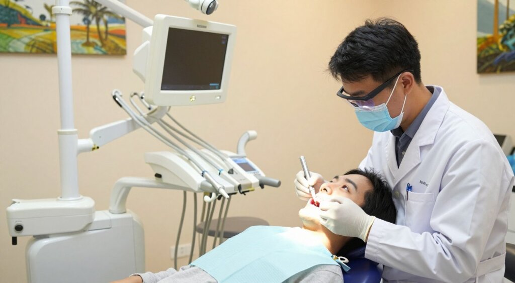 A professional dental clinic setting showcasing the Bali veneers procedure. In the foreground, a dentist in a white lab coat, wearing protective eyewear and gloves, gently examines a patient's teeth, who is seated in a modern dental chair. The patient is dressed in modest casual clothing, smiling slightly, showcasing the comfort of the atmosphere. In the middle ground, dental equipment including digital imaging tools and a fully equipped workstation can be seen, highlighting advanced technology. The background features soft, warm lighting that creates an inviting ambiance, with calming, nature-inspired art on the walls. The angle is slightly elevated, focusing on the interaction between the dentist and the patient, capturing the essence of professional care and the dental procedure.