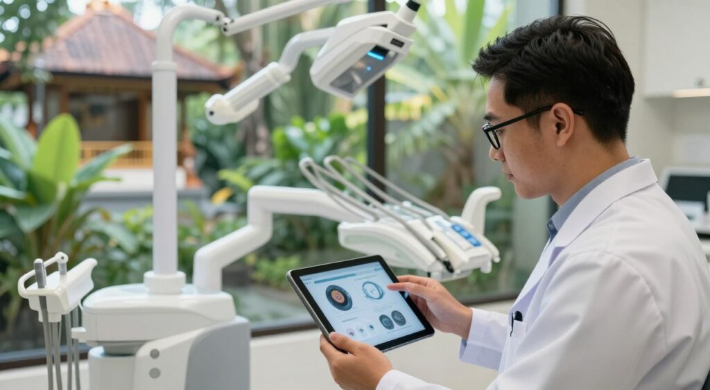 A professional dentist researching advanced dental clinic technology in a modern Bali setting. In the foreground, a focused dentist in a white coat, wearing glasses, studies a tablet displaying dental technology innovations. In the middle ground, a sleek dental clinic with high-tech equipment, clean lines, and plants that evoke Bali's lush environment. In the background, a glimpse of traditional Balinese architecture harmonizing with contemporary design. Soft, natural lighting filters through large windows, creating a serene and inviting atmosphere. The lens is slightly angled to give depth, capturing the essence of meticulous research and modern dentistry in a tropical paradise.