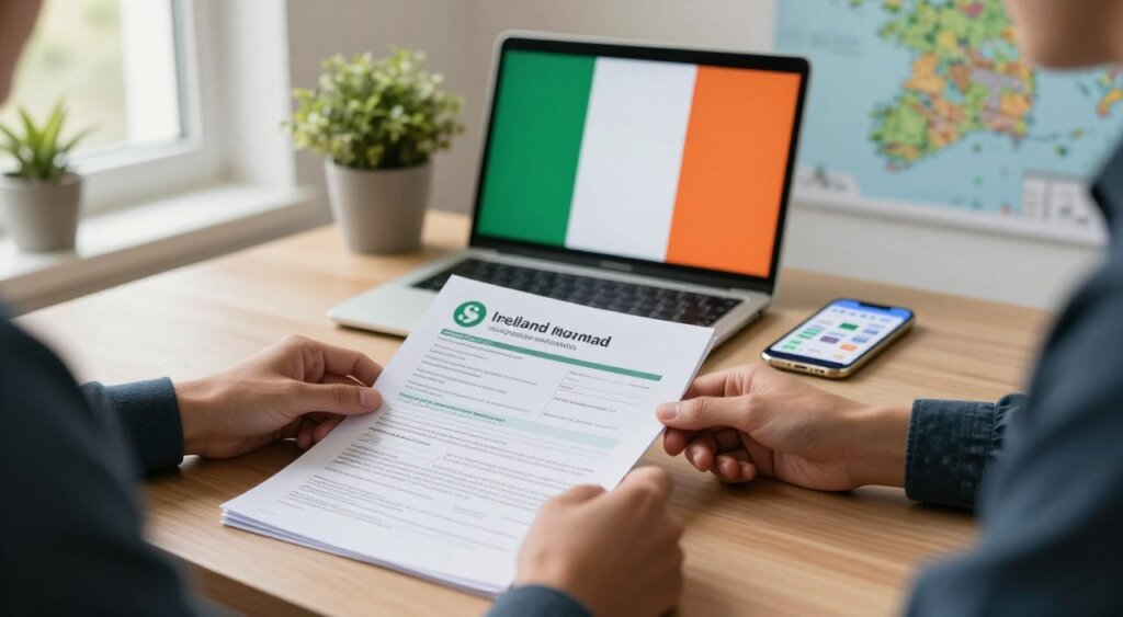 A professional desk scene centered around a stack of neatly organized Ireland digital nomad visa application documents. In the foreground, a pair of hands, clad in smart casual attire, are diligently reviewing the paperwork. The middle section showcases a stylish laptop displaying the Irish flag on the screen, alongside a smartphone with relevant travel apps open. In the background, soft morning light filters through a window, illuminating a cozy yet modern workspace with green potted plants and a map of Ireland on the wall, creating a sense of purpose and inspiration. The atmosphere is focused and serene, embodying the spirit of exploration and the digital nomad lifestyle. The image is captured in high resolution, with a shallow depth of field to emphasize the documents in the foreground.