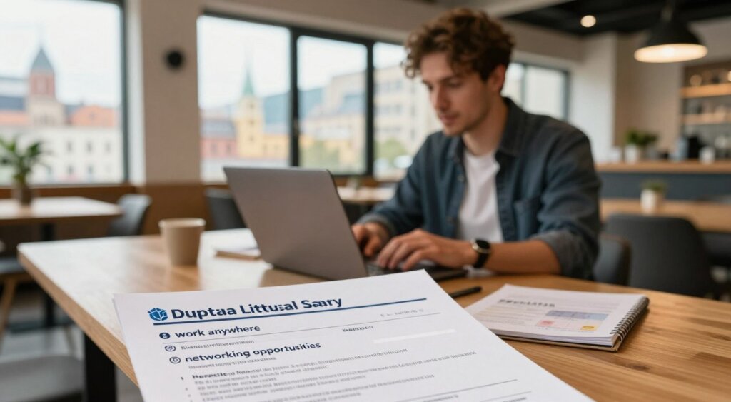 A professional digital nomad in a cozy, modern co-working space, focused on his laptop, showcasing a long-term stay visa document spread beside him. In the foreground, a close-up of the visa document reveals essential benefits like "work anywhere" and "networking opportunities." The background features a vibrant cityscape through large windows, hinting at European landmarks. Soft, warm lighting enhances the atmosphere, creating an inviting and productive vibe. The scene conveys a blend of work and travel, capturing the essence of freedom and opportunity. Shot with a shallow depth of field to keep focus on the subject, using a natural color palette for a realistic photojournalism effect.