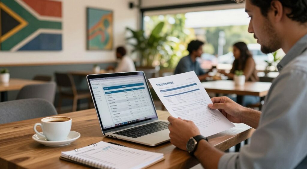 A professional digital nomad sitting at a modern café in South Africa, reviewing visa cost documents on a sleek laptop. In the foreground, show the laptop screen displaying a detailed breakdown of expenses: application fees, legal fees, and living costs. The middle ground features a beautifully arranged table with a coffee cup and a notepad filled with calculations. In the background, capture a vibrant atmosphere with South African art on the walls, lush greenery outside, and people engaged in conversation, all under natural soft lighting that creates a warm ambiance. Use a shallow depth of field to focus on the digital nomad while slightly blurring the background, conveying a sense of professionalism and inspiration.