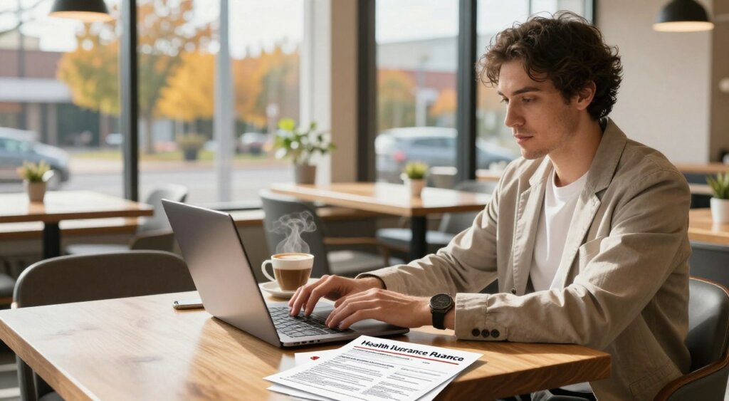 A professional digital nomad sitting at a modern workspace in a bright Canadian café, working on a laptop with health insurance documents spread out on the table. The foreground features the individual wearing a stylish, modest, casual outfit, focused on their screen. In the middle ground, a steaming cup of coffee and a small plant add a touch of warmth to the scene. The background shows a panoramic view of the café with large windows revealing a vibrant autumn landscape. Natural sunlight filters in, casting soft shadows and creating a cozy atmosphere. Capture the essence of remote work blended with the importance of healthcare, evoking a sense of professionalism and tranquility, reminiscent of National Geographic's photojournalism style.