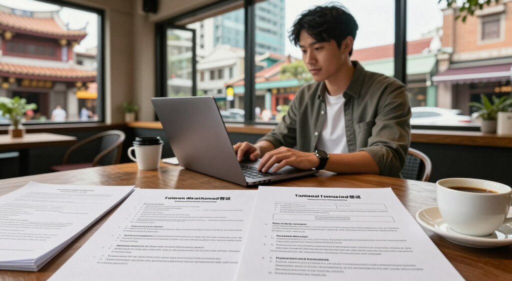 A professional digital nomad sitting at a stylish café in Taipei, working on a laptop, surrounded by requirements for the Taiwan digital nomad visa. In the foreground, neatly placed documents outlining eligibility criteria, including necessary qualifications and application processes, with a coffee cup beside them. The middle ground features the nomad, dressed in smart casual attire, focused on the screen, illuminated by warm, natural light pouring in from large windows. In the background, traditional Taiwanese architecture blends with modern buildings, showcasing the vibrant life of the city. The mood is inspiring and professional, evoking a sense of opportunity and adventure in the digital workspace. The composition is shot from a slightly elevated angle to capture the environment while maintaining a clear focus on the individual and documents.