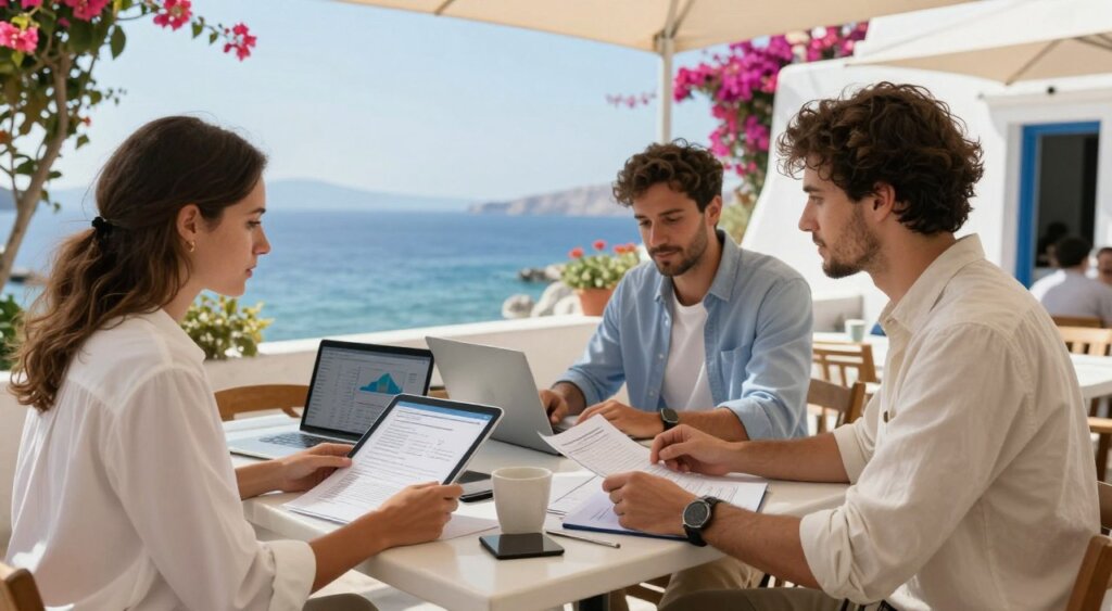 A professional digital nomad team in Greece, engaging in a conference meeting outdoors at a picturesque seaside café. The foreground focuses on two individuals in smart casual attire, examining documents and laptops, with a digital tablet displaying graphs and numbers related to tax implications. The middle ground features a charming Greek landscape, with traditional white buildings and blooming bougainvillea. In the background, a tranquil blue sea merges with a clear sky, highlighting the relaxed yet productive atmosphere of working remotely. Soft, natural lighting enhances the scene, creating a vibrant, inviting mood. Capture this moment at a slight angle to convey depth, emphasizing the balance between work and leisure in a stunning Greek setting.