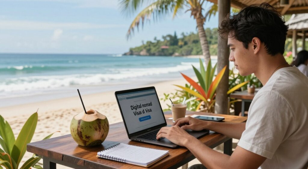 A professional digital nomad working on a laptop at a beachside café in Indonesia, showcasing the essence of the digital nomad visa. In the foreground, a focused individual in smart-casual attire, typing on a sleek laptop, surrounded by colorful tropical foliage. In the middle ground, a wooden table adorned with a fresh coconut and a notebook filled with notes on tax implications. The background features a stunning view of the famous Indonesian coastline, with gentle waves lapping at the shore under a clear blue sky. Soft, natural lighting highlights the scene, creating a warm and inviting atmosphere, reminiscent of a National Geographic photojournalism style. Capture this moment from a slightly elevated angle to emphasize the environment and the subject's connection to it.