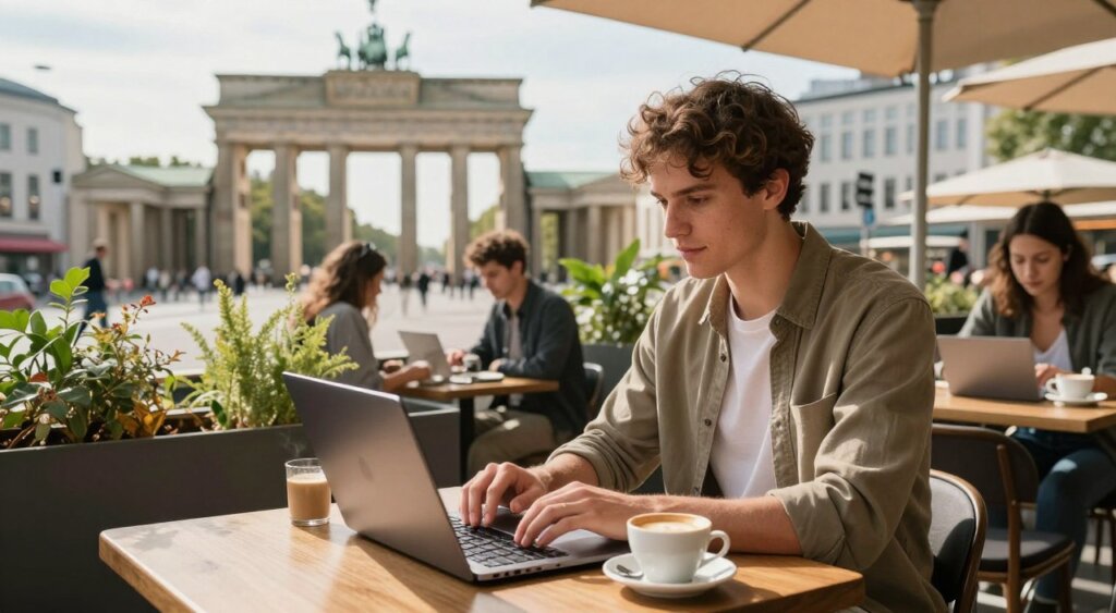 A professional digital nomad working on a laptop at a scenic café in Berlin, showcasing the benefits of the Digital Nomad Visa in Germany. In the foreground, a young adult wearing smart casual attire types on their device, with a steaming cup of coffee beside them. The middle ground features the vibrant café atmosphere, with plants and other patrons engrossed in their work. In the background, iconic Berlin architecture, such as the Brandenburg Gate or modern office buildings, harmonizes with the lively street scene. The lighting is warm, highlighting the cozy ambiance while soft shadows create depth. Capture this scene from a slightly elevated angle, emphasizing both the individual and the bustling urban environment, evoking a sense of opportunity and creativity.