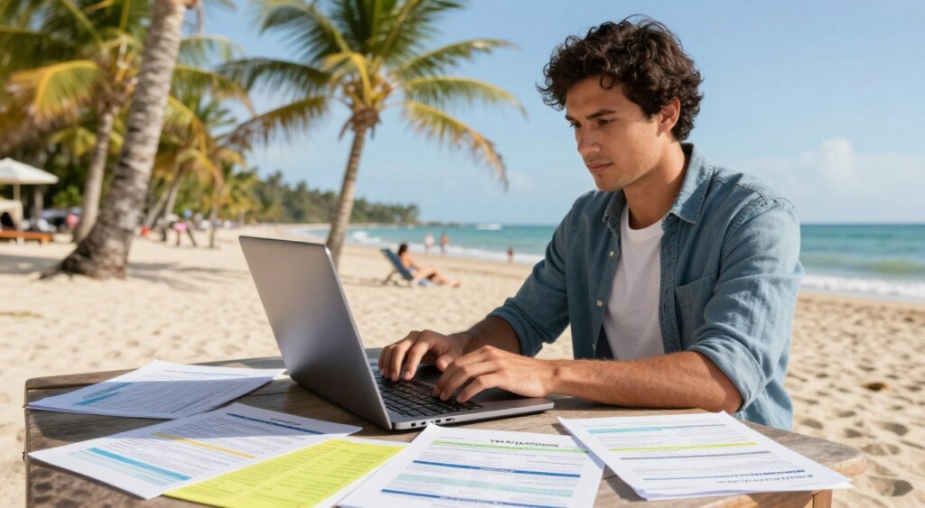 A professional digital nomad working on a laptop at a tropical beach in Panama, surrounded by documents outlining visa requirements. In the foreground, a focused individual in smart casual attire types on a sleek laptop, with color-coordinated paperwork scattered around—highlighting visa application forms and requirement checklists. The middle ground features a vibrant beach scene with palm trees swaying gently in the breeze, and sunbathers in the background enjoying the sunny day. The sky is clear and blue, bathing the scene in warm, natural light. The atmosphere conveys a blend of determination and tranquility, capturing the essence of balancing work and travel as a digital nomad while navigating the challenges of visa requirements.