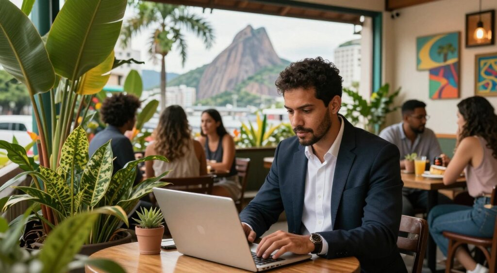 A professional digital nomad working on a laptop at a vibrant café in Brazil, surrounded by lush tropical plants. In the foreground, the focus is on the individual, a mixed-race man in smart business casual attire, deeply engaged in his work. In the middle ground, a bustling café atmosphere with locals and tourists conversing, colorful decor, and art displayed on the walls. In the background, views of iconic Brazilian architecture and palm trees, hinting at urban life juxtaposed with nature. Soft, warm lighting filters through, creating an inviting and lively mood. Capture this moment from a slightly elevated angle, reflecting both the engagement of the nomad and the dynamic Brazilian environment.