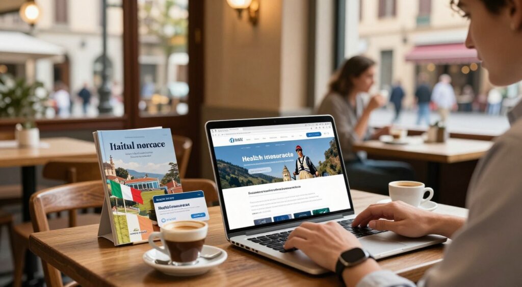 A professional digital nomad working on a laptop in a cozy Italian café, surrounded by travel documents and a cup of espresso. In the foreground, focus on the laptop screen displaying a health insurance website tailored for digital nomads. In the middle ground, elegantly arranged are Italian travel brochures and a stylish health insurance card. The background features charming café elements, like rustic wooden furniture and picturesque views of Italian architecture through a large window. The lighting is warm and inviting, suggesting a sunny afternoon. Capture the ambiance of productivity and connectivity, with a slightly blurred focus on passersby enjoying the vibrant street life outside, creating a lively yet professional atmosphere.