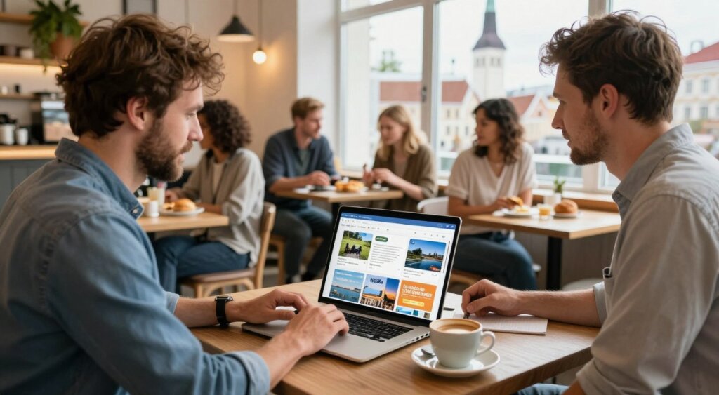 A professional digital nomad working on a laptop in a cozy café in Tallinn, Estonia, surrounded by bright, modern décor. In the foreground, a laptop open with various travel guides and local coffee placed beside it. The middle ground highlights a diverse group of digital nomads engaged in conversation, sharing tips while enjoying Estonian pastries. In the background, large windows reveal a scenic view of Tallinn’s historical architecture, including the iconic spires. The lighting is warm and inviting, creating a productive, vibrant atmosphere. Shot from a slightly elevated angle to capture the dynamic interaction. The mood reflects camaraderie and productivity, encapsulating the essence of a successful stay in Estonia for digital nomads.