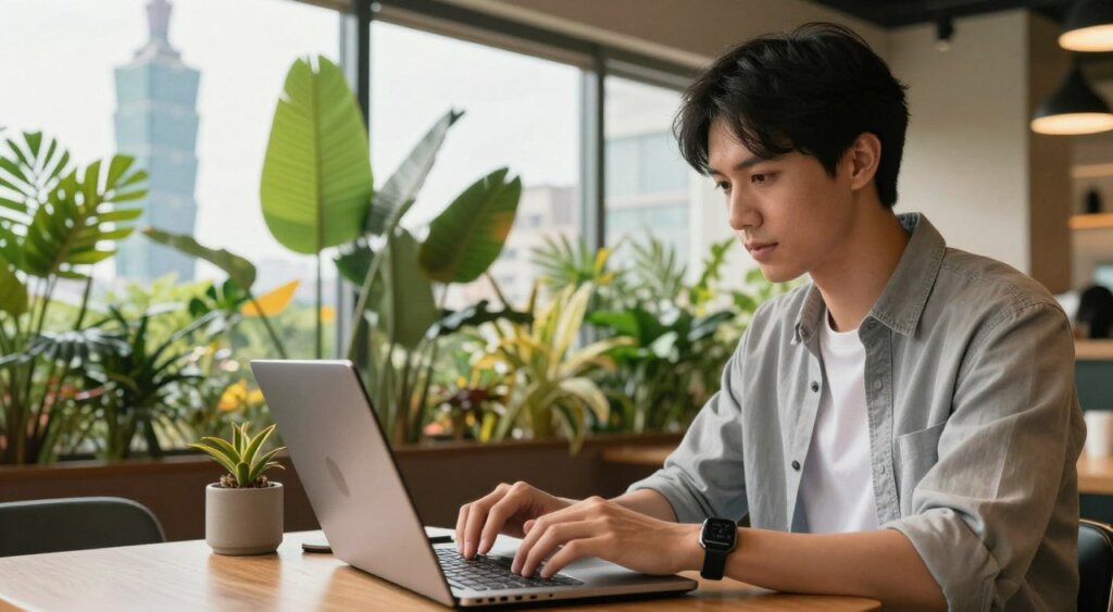 A professional digital nomad working on a laptop in a cozy, modern coworking space in Taiwan. The foreground shows a close-up of the individual, dressed in smart casual attire, engaged with their work. In the middle ground, a vibrant backdrop of tropical plants and large windows revealing a sunny day in Taipei, with a hint of the iconic Taipei 101 building visible outside. Soft, natural lighting illuminates the scene, creating a warm, inviting atmosphere. The angle is slightly above eye level, capturing both the focused worker and the inspiring environment. The overall mood is one of productivity and creativity, reflecting the essence of remote work in Taiwan.