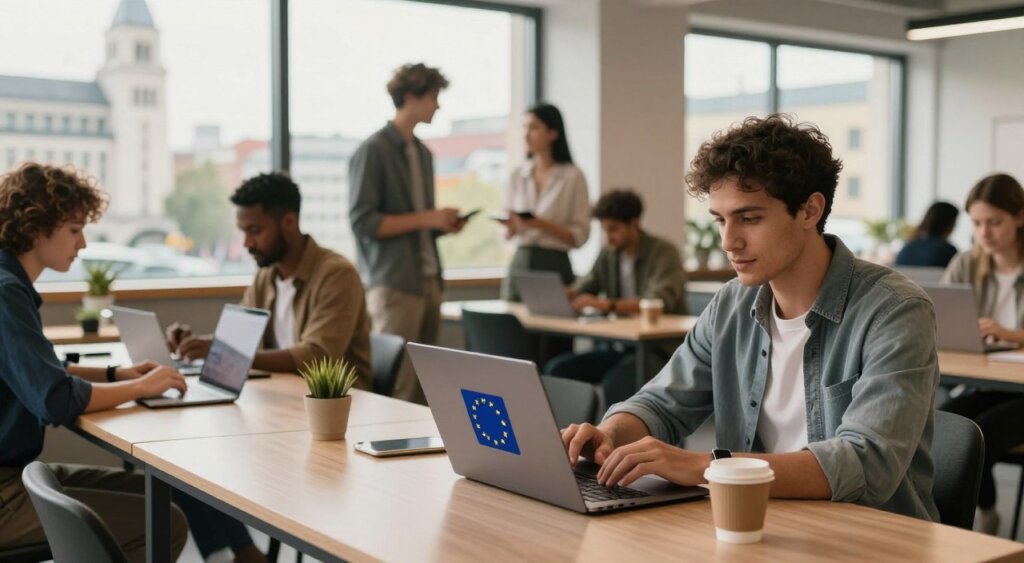 A professional digital nomad working on a laptop in a modern co-working space, showcasing the benefits of a Digital Nomad Visa in the EU. In the foreground, a focused individual in smart casual attire sits at a sleek desk, surrounded by an array of tech gadgets, with a coffee cup nearby. The middle layer features diverse people collaborating and networking, exchanging ideas, and using devices to emphasize the digital lifestyle. The background highlights a cityscape view with iconic European architecture through large windows, bathed in warm, natural light that creates a welcoming atmosphere. The scene conveys a sense of community, innovation, and freedom, captured from an eye-level angle to draw the viewer into this dynamic environment.