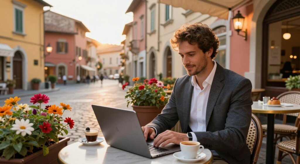 A professional digital nomad working on a laptop in a picturesque Italian café, surrounded by vibrant flowers and colorful architecture indicative of an Italian town. The foreground features a well-dressed individual, focused on their screen, with a soft smile, dressed in smart casual attire. In the middle ground, a beautifully set outdoor café table with coffee and pastries showcases the inviting atmosphere. The background reveals charming cobblestone streets and traditional Italian buildings under a warm, golden sunset glow, creating an inviting and inspirational mood. The scene should be shot from a slightly elevated angle, capturing the café's ambiance and lifestyle of remote work in Italy, while ensuring a clear, natural light that enhances the colors of the setting.