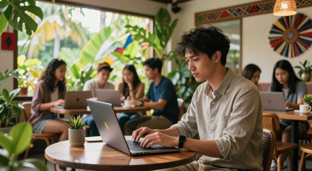 A professional digital nomad working on a laptop in a vibrant co-working space in the Philippines, surrounded by lush tropical plants and decorated with Filipino cultural elements. In the foreground, the person is dressed in smart casual clothing, engaged and focused on their screen. In the middle ground, a diverse group of other digital nomads collaborates, showcasing a sense of community and innovation. The background features large windows with sunlight streaming through, illuminating the space and creating a warm, inviting atmosphere. The overall mood conveys productivity and a sense of adventure, highlighting the benefits of the Digital Nomad Visa in an inspiring tropical setting, captured in a National Geographic photojournalism style with natural lighting and a soft focus.