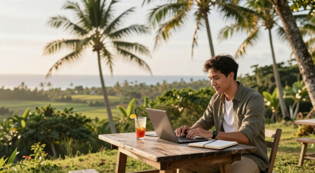 A professional digital nomad working on a laptop outdoors in a scenic Filipino landscape. In the foreground, a young adult in casual business attire sits at a rustic wooden table, engaged with a laptop and a notebook, with a tropical drink beside them. The middle ground features vibrant green foliage, palm trees swaying gently in a light breeze, and hints of the ocean in the background, capturing the essence of the Philippines. Warm, golden sunlight filters through the leaves, creating a serene and inviting atmosphere. The composition utilizes a wide-angle lens for an expansive view, emphasizing the connection between work and nature, highlighting the essence of a digital nomad lifestyle. The overall mood is optimistic and inspiring, perfect for showcasing the concept of the Digital Nomad Visa.
