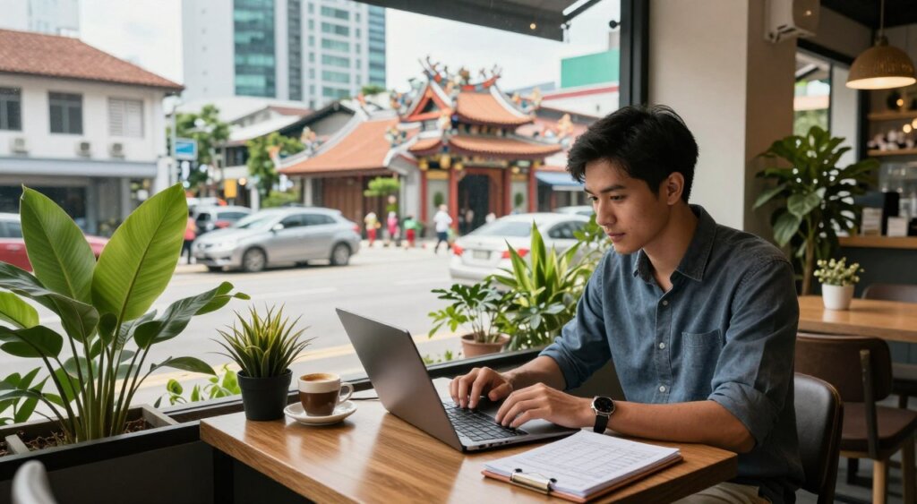 A professional digital nomad works on a laptop in a cozy café overlooking a bustling Malaysian street, with tropical plants and decor in the foreground. The middle ground features a large window revealing modern architecture and street life under soft natural light. In the background, traditional Malaysian elements like ancient temples contrast with contemporary buildings, highlighting the fusion of cultures. The scene captures the essence of remote work and the implications of taxes for digital nomads. Use a warm color palette to create an inviting atmosphere, with a focus on details like a coffee cup on the table and a notepad showing calculations. The angle should be slightly elevated to provide a clear view of both the workspace and the vibrant environment outside.