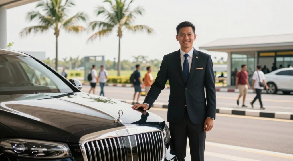 A professional driver standing beside a high-end, luxury vehicle at Bali Airport, showcasing a commitment to safety and reliability. The driver, wearing a sharp, dark suit and tie, exudes professionalism and confidence, as they maintain a welcoming smile. In the foreground, the vehicle shines under soft, natural sunlight, highlighting its pristine condition and luxury design. The middle ground features an organized airport environment with palm trees and travelers in the background, creating a vibrant atmosphere. The scene conveys a sense of comfort and security, with warm tones emphasizing the tropical setting. Capture this moment with a wide-angle lens and bright, diffused lighting to enhance the overall inviting mood, reminiscent of high-quality photojournalism typically found in National Geographic.