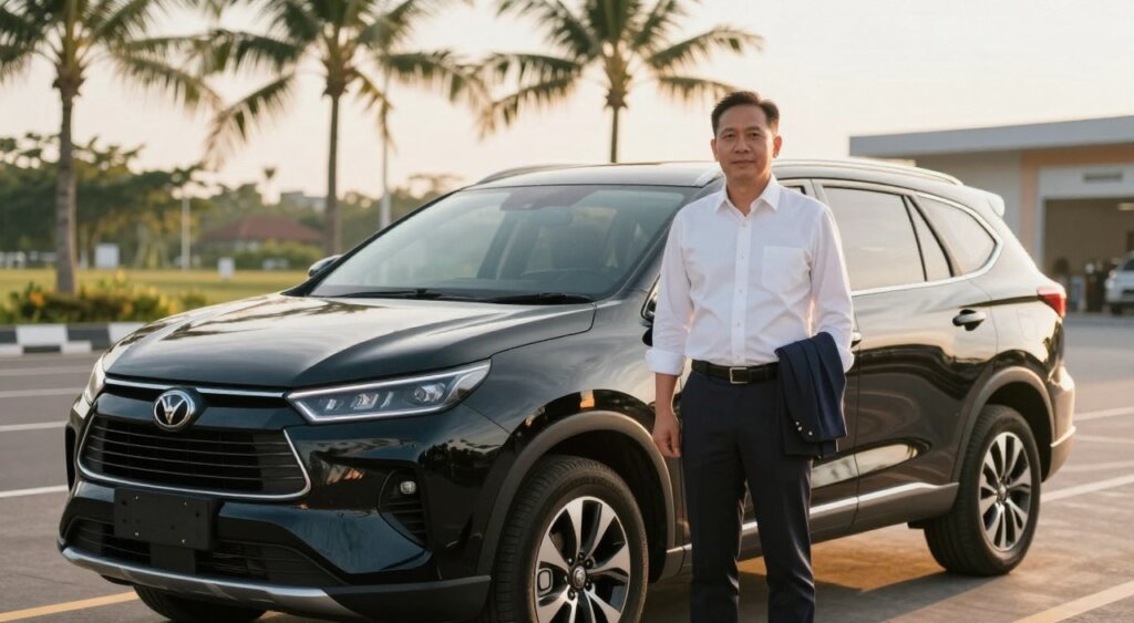 A professional driver standing confidently next to a sleek, modern black SUV at Bali Airport. The driver, a middle-aged Asian man, is dressed in a crisp white shirt, dark trousers, and a neatly pressed blazer, embodying authority and professionalism. The vehicle is positioned on a tiled parking area with tropical palm trees in the background, hinting at the beautiful Bali scenery. Soft, golden hour sunlight bathes the scene, casting gentle shadows and creating a warm, inviting atmosphere. The angle showcases both the driver and the vehicle prominently, emphasizing their readiness for a smooth transfer to Seminyak. The image exudes a sense of reliability and comfort for travelers arriving in Bali.
