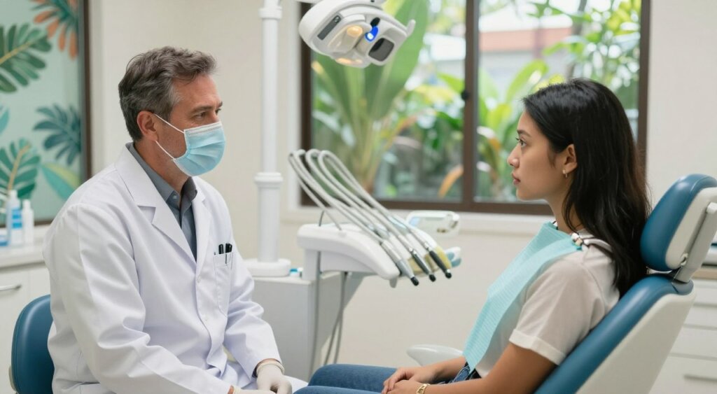 A professional emergency dentist consulting with a patient in a modern dental clinic in Bali. In the foreground, capture the dentist, a middle-aged Caucasian man in a white coat, wearing gloves and a mask, attentively listening to a concerned young woman of Indonesian descent, dressed in smart casual attire. In the middle ground, focus on dental equipment neatly organized in a bright, well-lit room featuring tropical motifs and calming colors. The background reveals large windows with a view of lush greenery, enhancing the serene atmosphere. Soft, natural light filters through, creating a warm and inviting feel. The overall mood should reflect professionalism and care, highlighting the importance of healthcare while showcasing Bali's unique environment.