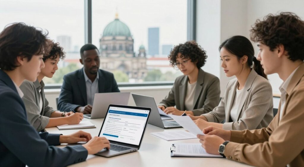 A professional, engaging scene depicting the "German digital nomad visa application process." In the foreground, a diverse group of individuals, dressed in smart business attire and modest casual clothing, are actively discussing and reviewing documents at a modern office table. In the middle, paperwork, laptops, and a digital tablet displaying the visa application form are organized, reflecting a collaborative working atmosphere. The background features a large window with a view of Berlin’s skyline, showcasing iconic landmarks under soft, natural lighting. The atmosphere conveys a sense of focus and determination, with a slight depth of field effect to emphasize the table's activities while softly blurring the cityscape. The overall tone is professional and inspiring, suitable for showcasing the journey of remote workers applying for their visa.