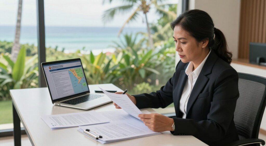 A professional immigration lawyer in Bali, dressed in smart business attire, is seated at a modern desk cluttered with legal documents and visa applications. In the foreground, the lawyer, a middle-aged Southeast Asian woman, is intently reviewing a file, conveying concentration and expertise. The middle ground features a laptop displaying complex visa regulations on the screen, alongside a map of Bali marked with key locations for expats. In the background, large windows frame a serene tropical landscape with lush greenery and the ocean, indicating the calming influence of the island. Soft, natural lighting filters through the windows, creating a warm and welcoming atmosphere that reflects professionalism and trust. The composition is captured from a slightly elevated angle, providing a clear view of the workspace and surroundings, emphasizing the intricacies involved in navigating immigration processes.