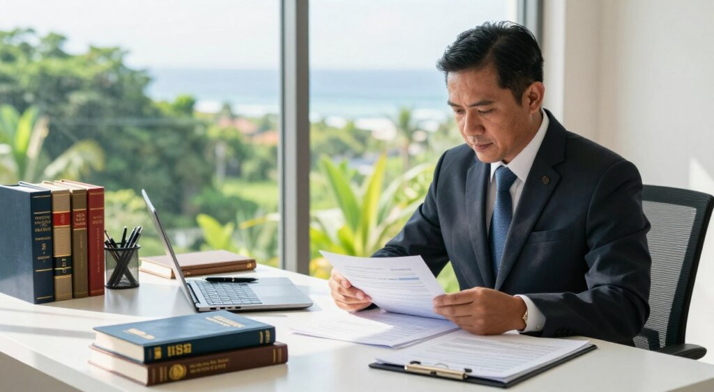 A professional immigration lawyer in Bali, seated at a modern desk, reviewing documents with a focused expression. The foreground features a neatly organized workspace with legal books, an elegant pen, and a laptop displaying visa application forms. In the middle, soft daylight streams through a large window, illuminating the scene and casting gentle shadows. The background reveals a picturesque view of Bali’s lush greenery and distant ocean, adding an inviting atmosphere. The lawyer, a middle-aged individual in smart business attire, exudes confidence and expertise while discussing visa assistance with an unseen client, enhancing the professional ambiance. The mood conveys professionalism, clarity, and the complex nature of immigration issues being addressed in Bali.