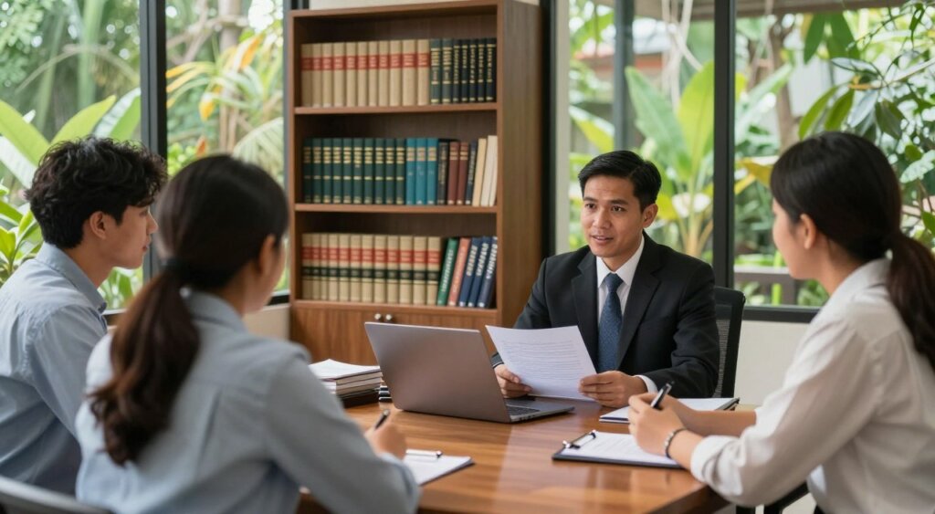 A professional immigration lawyer's office in Bali, captured in a photojournalism style. In the foreground, a diverse group of clients is seated around a polished wooden table, discussing their cases with a lawyer who is attentively listening. The lawyer, dressed in professional business attire, is holding documents while a laptop is open in front of them. In the middle, a bookshelf filled with legal books and Bali travel guidebooks adds context to the environment. The background features large windows with lush tropical scenery, allowing natural light to illuminate the space, creating a warm and inviting atmosphere. A deep focus lens captures the details of the interaction, evoking a sense of professionalism and trust. The overall mood is collaborative and optimistic, reflecting the promising journey of securing legal assistance in Bali.
