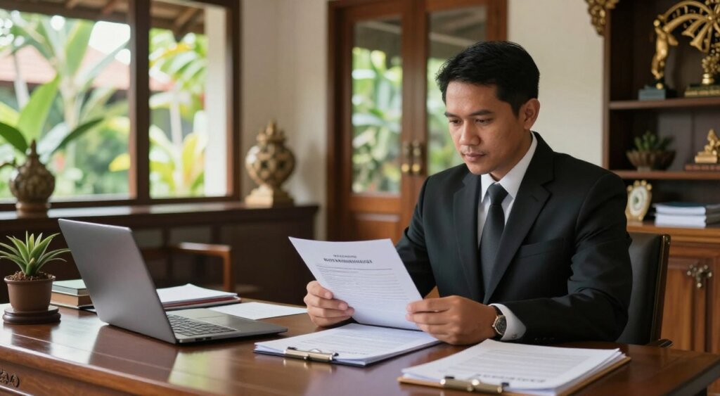 A professional immigration lawyer's office in Bali, featuring a well-organized desk with legal documents and a laptop. In the foreground, a lawyer in formal business attire, attentively reviewing a case file, with a thoughtful expression. The background showcases an elegant office space with traditional Balinese decor, large windows allowing natural light to illuminate the room. A view of tropical greenery can be seen outside, enhancing the calming atmosphere. Soft, diffused lighting casts gentle shadows, creating a professional yet inviting environment. The image conveys a sense of trust and competence, embodying key considerations for selecting an immigration lawyer.