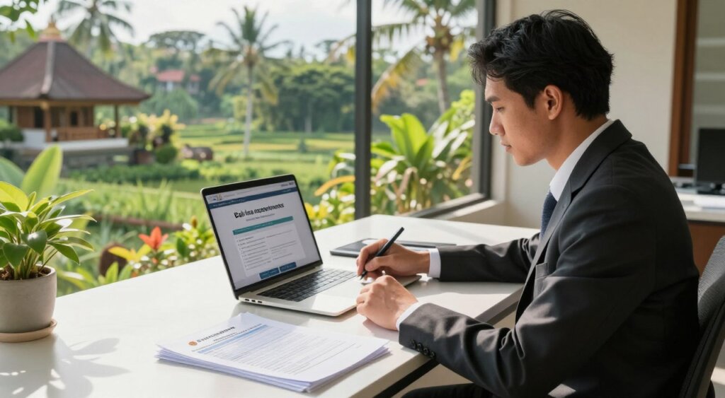 A professional individual in business attire, sitting at a modern desk filled with application forms and official documents related to visa processes, sunlight streaming through a large window overlooking a tropical landscape of Bali. In the background, lush greenery and traditional Balinese architecture blend harmoniously, emphasizing the island's vibrant culture. The middle ground features a laptop opened to a website about Bali visa requirements, while a potted plant adds a touch of nature to the workspace. The mood is focused and serious, capturing the essence of navigating bureaucracy in a paradise setting. The lighting is bright and natural, enhancing the details and creating a warm, inviting atmosphere. The shot is taken from a slightly elevated angle, providing a clear view of both the subject and the serene backdrop.