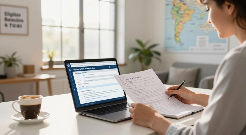 A professional individual seated at a well-organized desk in a bright, modern home office, reviewing documents related to the digital nomad visa application for Argentina. The foreground features a laptop, opened with a visa application form on the screen, surrounded by a notepad filled with handwritten notes and a cup of coffee. In the middle background, a large window lets in natural sunlight, illuminating the room with a warm, inviting glow. On the walls, maps of Argentina and inspirational travel quotes are visible. A potted plant adds a touch of greenery, enhancing the relaxed yet professional atmosphere. The image conveys a sense of focus and ambition, ideal for illustrating the application process for the visa. The composition is sharp with natural colors, resembling a high-quality photojournalism shot.