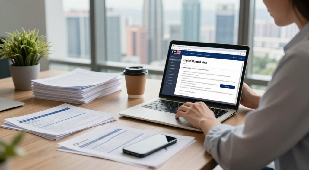 A professional individual sitting at a modern workspace, surrounded by documents and a laptop, focused on the digital nomad visa application process for Malaysia. In the foreground, a close-up of hands typing on a laptop, with visa application forms and a smartphone displaying the Malaysian flag. The middle ground features stacks of papers, a coffee cup, and a potted plant, adding a touch of life. In the background, a large window showcases a vibrant cityscape of Kuala Lumpur, hinting at travel and exploration. Soft, natural lighting illuminates the scene, creating a warm and inviting atmosphere. The overall mood is one of ambition and professionalism, capturing the essence of pursuing a digital nomad lifestyle.