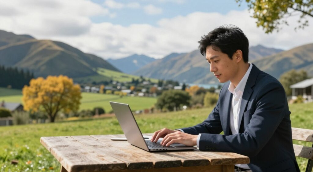 A professional individual working on a laptop in a picturesque New Zealand landscape, embodying the concept of remote work. In the foreground, show a focused adult in smart casual attire, attentively typing on their laptop at a rustic wooden table. In the middle ground, depict the stunning New Zealand scenery, featuring rolling green hills and vibrant trees that define the backdrop. The sky above is bright with soft clouds, enhancing the optimistic feel of the scene. Use natural lighting that casts gentle shadows, evoking a tranquil atmosphere ideal for productivity. Capture the image with a shallow depth of field to keep attention on the subject, while still showcasing the beauty of the environment around them.