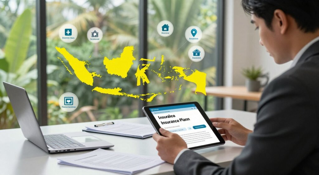 A professional insurance consultant is reviewing a digital tablet depicting various insurance plans focused on remote employees in Indonesia. In the foreground, the consultant, dressed in business attire, is seated at a sleek modern desk cluttered with documents and a laptop. In the middle ground, a vibrant map of Indonesia highlights remote work hotspots, surrounded by icons representing different insurance coverage options, like health, property, and liability. The background features an open window with lush green tropical scenery, allowing natural light to flood the space, creating a warm and inviting atmosphere. The image captures a sense of diligence and professionalism, emphasizing the importance of thoughtful insurance coverage for remote workers. The photograph should maintain a sharp focus, mimicking National Geographic's photojournalism style.