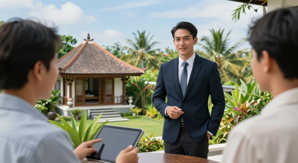 A professional local real estate agent in Bali, dressed in smart business attire, stands confidently on a scenic terrace overlooking lush tropical landscapes and a beautiful villa. In the foreground, the agent is engaging with a client while pointing towards property details on a tablet. The middle ground features a stunning Balinese property with traditional architecture set amidst vibrant greenery and palm trees. The background showcases a clear blue sky with wispy clouds, enhancing the serene atmosphere. Soft, natural lighting bathes the scene, creating an inviting mood. The image captures the essence of professionalism and local expertise in the Bali real estate market, emphasizing trust and personal connection.