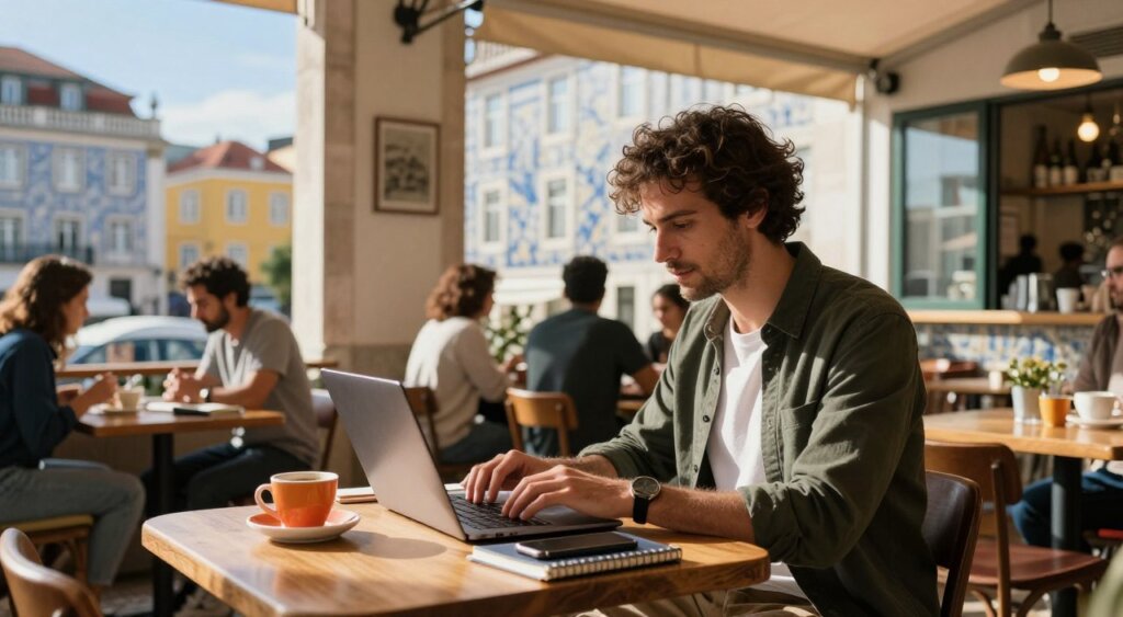 A professional-looking digital nomad working on a laptop at a vibrant café in Lisbon, Portugal. In the foreground, the nomad, dressed in smart casual clothing, intently types on a laptop surrounded by colorful coffee cups, notebooks, and a smartphone. In the middle ground, the café's interior showcases rustic wooden tables and lively patrons, enhancing the creative atmosphere. The background features iconic Lisbon architecture, such as pastel-colored buildings with traditional azulejos, under a bright blue sky. Soft, warm afternoon lighting filters through the large windows, casting gentle shadows and emphasizing the relaxed, inspiring mood of remote work in a picturesque setting. The scene captures the essence of the digital nomad lifestyle, highlighting the concept of the digital nomad visa and its associated costs.