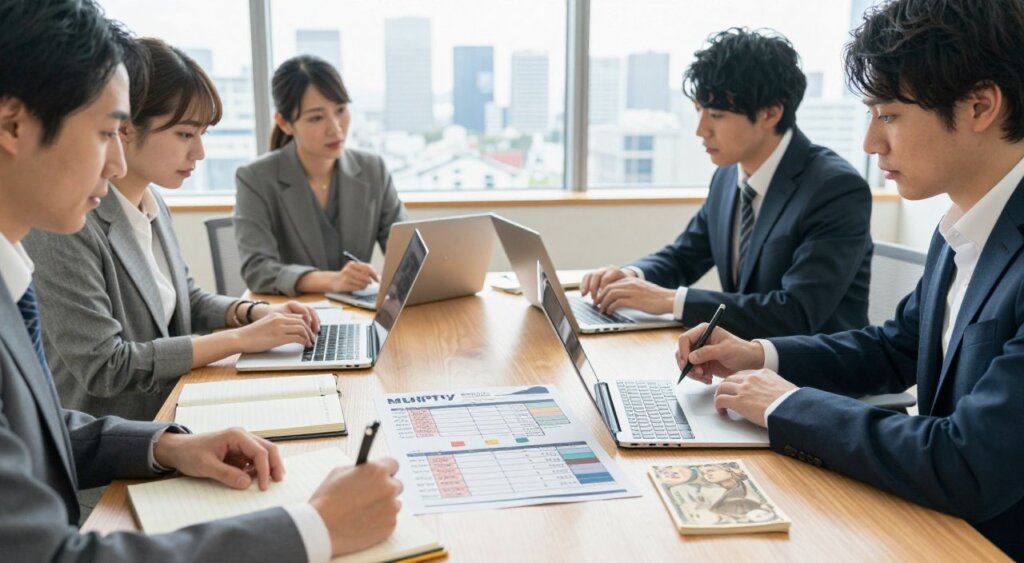 A professional-looking workspace scene featuring a diverse group of individuals (two men and two women) engaged in monthly budget planning for living in Japan. They are seated around a modern wooden table covered with notebooks, laptops, Japanese yen currency, and a detailed cost-of-living chart. The foreground focuses on a hand writing in a planner. In the middle, we see the participants deep in discussion, dressed in smart casual business attire. The background features bright natural lighting from a large window with a view of Tokyo's skyline, creating a vibrant yet focused atmosphere. The image conveys collaboration and the seriousness of financial planning in a bustling city like Japan, showcasing a realistic photojournalistic style reminiscent of National Geographic quality.