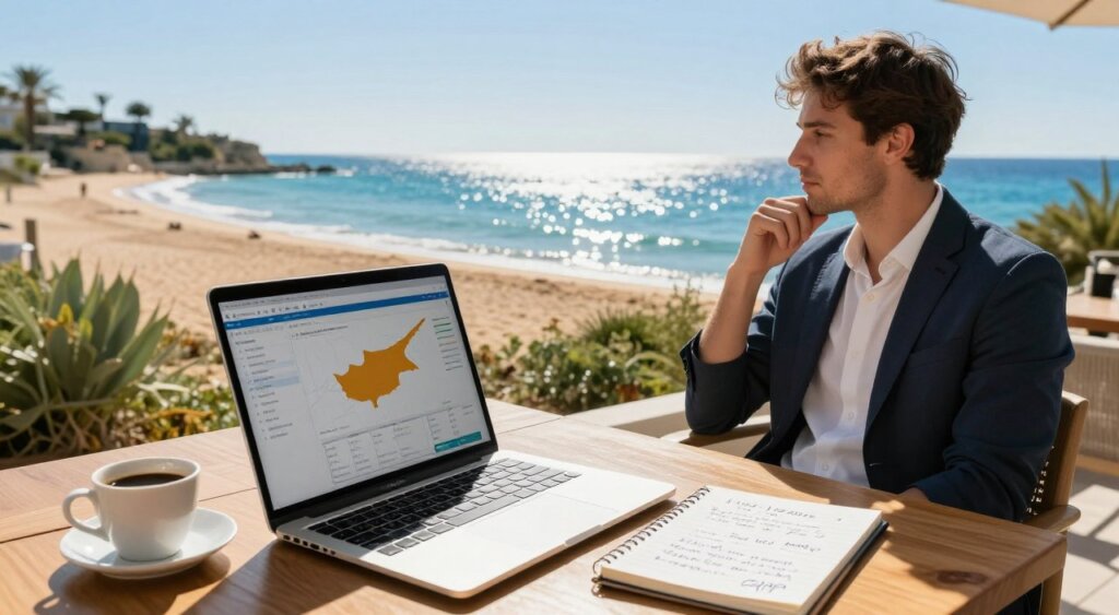 A professional-looking workspace set against the stunning backdrop of the Cyprus coastline, illustrating the concept of a digital nomad. In the foreground, a sleek laptop sits open on a wooden table, displaying data charts and a partial map of Cyprus. Nearby, a freshly brewed cup of coffee and a notepad with key points written in neat handwriting, symbolizing productivity. In the middle ground, a young professional in smart casual attire gazes thoughtfully at the laptop, with the sun glinting off the water behind them. The background features golden sandy beaches and lush greenery typical of Cyprus under a bright blue sky, creating an inspiring and tranquil atmosphere. Natural sunlight bathes the scene, highlighting the vibrant colors of the environment.