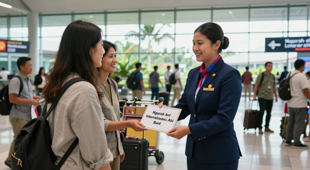 A professional meet and greet service at Ngurah Rai International Airport in Bali. In the foreground, a smiling airport concierge in a crisp, navy suit is holding a sign with a guest's name. The concierge is welcoming a couple arriving from the terminal, dressed in modest casual clothing, exuding warmth and professionalism. In the middle ground, the bustling airport terminal is visible, with travelers and luggage carts, creating a lively yet organized atmosphere. The background features large glass windows revealing tropical greenery outside, suggesting the Bali landscape. Soft, natural lighting filters in, enhancing the inviting mood. The angle captures the action from slightly below eye level, emphasizing the interaction and energy of the moment, in a photojournalism style, reminiscent of National Geographic quality.