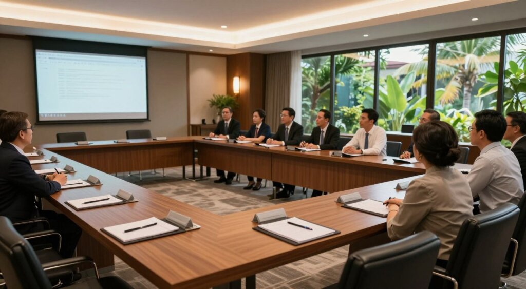 A professional meeting setup at Harris Hotel Kuta Galleria, Bali, showcasing a spacious, well-lit conference room. In the foreground, elegantly arranged wooden tables with black leather chairs, each set with notepads and pens. A large screen displays a presentation, softly illuminated. In the middle ground, attentive participants dressed in professional business attire engage in discussions, with expressions of focus and collaboration. The background features large windows allowing natural light to stream in, revealing a view of lush tropical greenery outside. Warm ambient lighting enhances the welcoming atmosphere, creating a productive and inspiring environment. Capture the image from a slight angle, focusing on the arrangement while including elements that suggest an upscale and modern hospitality setting.