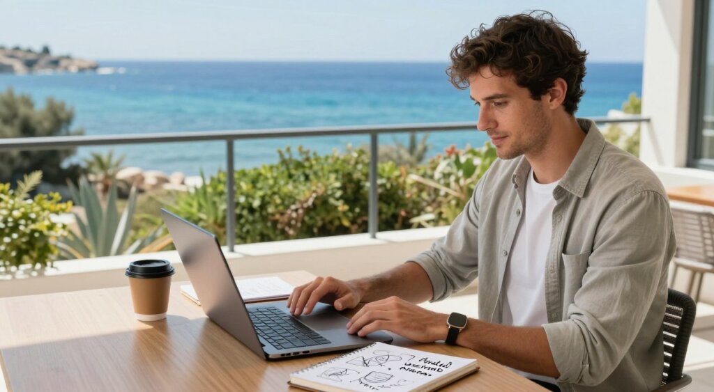 A professional, modern workspace set in a sunny, vibrant Cyprus balcony overlooking the Mediterranean Sea. In the foreground, a young adult in smart casual attire, focused on working on a laptop, with a coffee cup beside them. In the middle, an open notebook with sketches and notes about the benefits of a Digital Nomad Visa, symbolizing creativity and productivity. The background features lush greenery and bright blue waters, embodying a relaxed yet inspiring work environment. Use natural sunlight to create soft shadows, enhancing the inviting atmosphere. The angle should capture both the workspace and the scenic view, emphasizing the connection between work and leisure. The mood is optimistic, showcasing the ideal lifestyle potential of working remotely from Cyprus.