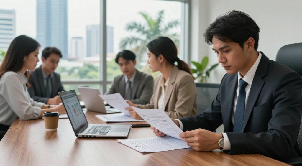 A professional office environment in Indonesia, featuring a diverse group of individuals engaged in tax reporting. In the foreground, a serious-looking accountant in formal business attire, closely examining tax documents on a sleek wooden desk. The middle ground displays another professional, a woman in modest clothing, discussing tax obligations with a colleague, surrounded by charts and a laptop displaying tax software. In the background, large windows reveal Jakarta's skyline, with tropical trees peeking through. Soft, natural light pours into the room, creating a focused and diligent atmosphere. The image captures the intensity and professionalism of tax compliance in Indonesia, evoking a sense of importance and responsibility in financial matters.