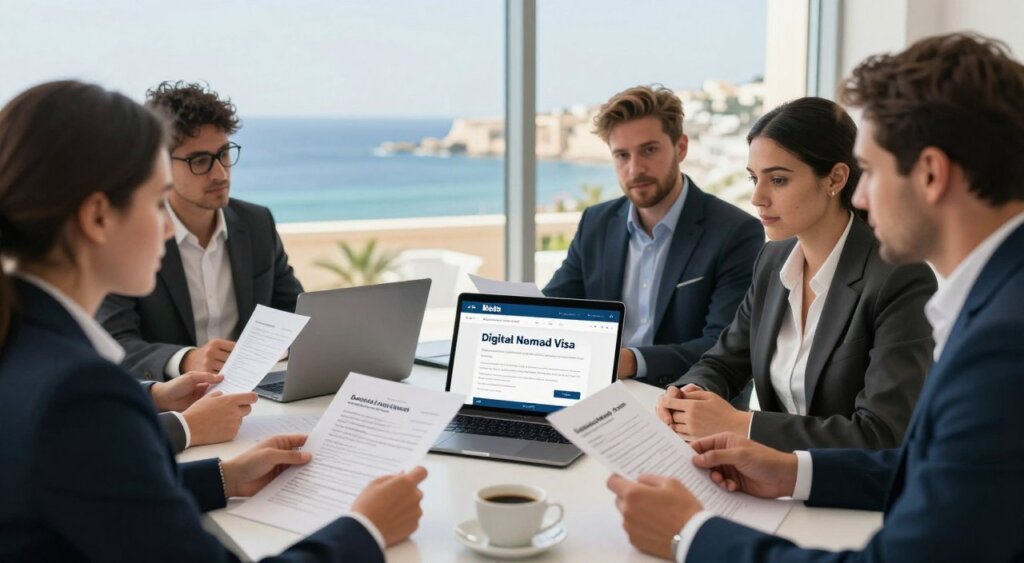 A professional office environment reflecting the application process for the Digital Nomad Visa in Malta. In the foreground, a diverse group of individuals, dressed in business attire, are engaged in discussions over documents and a laptop, showcasing collaboration. In the middle ground, a neatly arranged desk features application forms, a laptop displaying the official website, and a cup of coffee, symbolizing focus and productivity. The background shows a large window with a view of Malta's coastline, bathing the scene in natural light, creating a warm and inviting atmosphere. Use a soft focus lens effect to emphasize the subjects in the foreground, while providing a clear view of the coastal background. The overall mood should be one of professionalism, excitement, and opportunity.