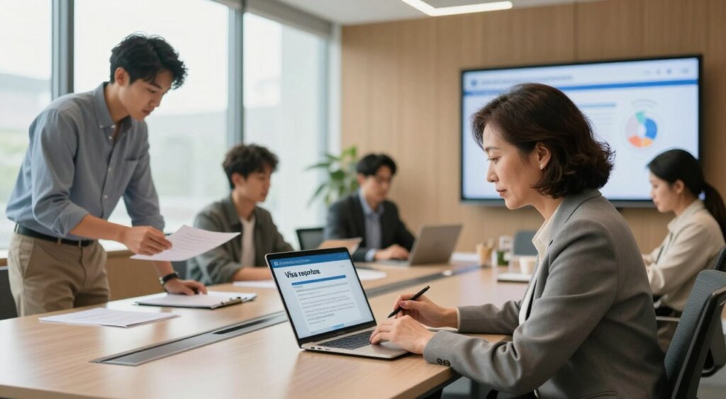A professional office environment showcasing a diverse group of individuals engaged in online visa reporting procedures. In the foreground, a middle-aged woman in professional business attire sits at a sleek desk with a laptop open, intently focusing on the screen as she fills out an online form. To the left, a young professional in business casual attire reviews a document while discussing it with a colleague. The middle ground features a modern conference room with large windows allowing natural light to pour in, creating a bright and inviting atmosphere. In the background, a digital screen displays an infographic about reporting obligations. The mood is collaborative and focused, emphasizing the importance of compliance and communication in professional settings. Use a warm, balanced lighting setup to enhance the scene.