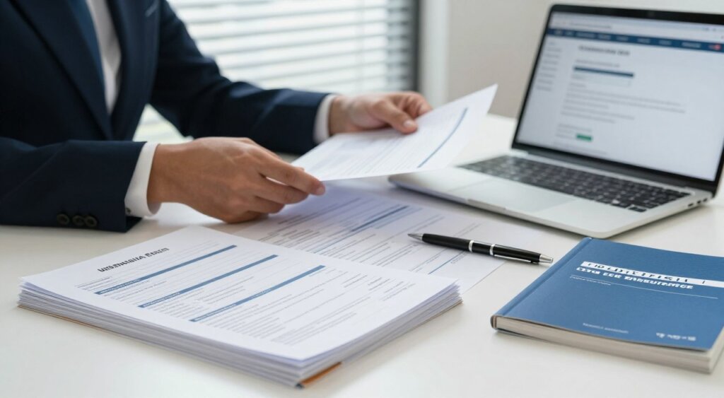 A professional office setting depicting a well-organized desk with Australian visa documentation submission guidelines laid out meticulously. The foreground shows a neatly stacked pile of documents, including application forms, checklists, and a guidebook, alongside a pen and a laptop displaying a relevant government website. In the middle, a pair of hands wearing business attire can be seen sorting through the paperwork, symbolizing diligence and care. The background features a softly lit window with blinds, gently illuminating the scene to create a calm, focused atmosphere. The mood is serious yet hopeful, reflective of the important journey visa holders are undertaking. The image should capture the essence of professionalism and resourcefulness, reminiscent of high-quality photojournalism.