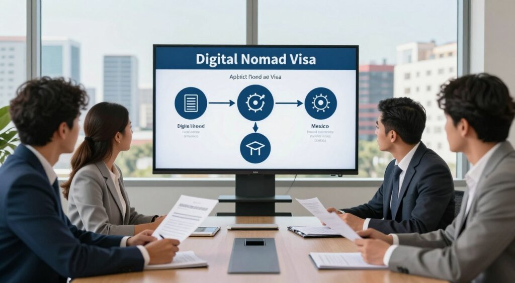 A professional office setting depicting the application process for a Digital Nomad Visa in Mexico. In the foreground, a diverse group of individuals in smart business attire—two men and a woman—sitting around a modern conference table, reviewing documents related to visa applications. In the middle ground, a large screen displays a detailed flowchart of the application steps, with visual icons representing each stage. The background features large windows revealing a vibrant cityscape of Mexico, infused with warm natural light. The atmosphere is focused and collaborative, emphasizing professionalism and optimism about the nomadic lifestyle. The composition captures a sense of clarity and purpose while maintaining a clean, polished appearance without any text or distractions.