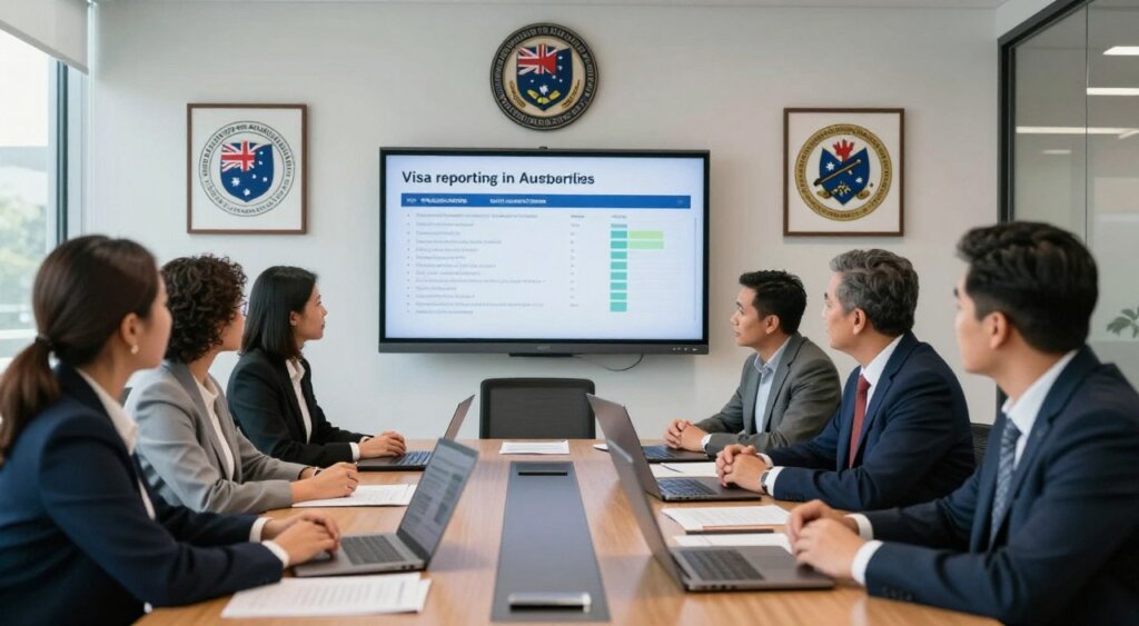 A professional office setting depicting the essential federal agencies involved in visa reporting in Australia. In the foreground, diverse individuals in business attire, including both men and women of various ethnicities, engage in discussion around a sleek conference table, with laptops and documents illustrating visa compliance requirements. The middle ground features a large digital screen displaying relevant charts and statistics related to visa reporting obligations. In the background, the walls are adorned with framed emblems of Australian government agencies. Soft, natural lighting streams through large windows, enhancing the serious yet collaborative atmosphere of the scene. Capture the image with a wide-angle lens to create depth, reflecting a sense of urgency and professionalism in the context of immigration compliance.