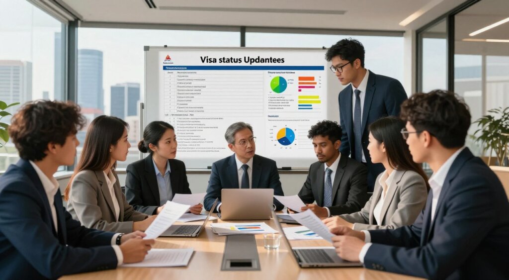 A professional office setting illustrating the complexities of visa status updates in Australia. In the foreground, a diverse group of individuals in professional attire gathers around a conference table, discussing documents and charts related to visa obligations. The middle ground features a large whiteboard filled with colorful graphs and checklists detailing key reporting obligations for visa holders. The background shows a modern office with large windows revealing a skyline of Australian landmarks, bathed in warm, natural light that casts soft shadows. The scene captures a sense of collaboration and urgency, conveying the importance of compliance for visa holders.