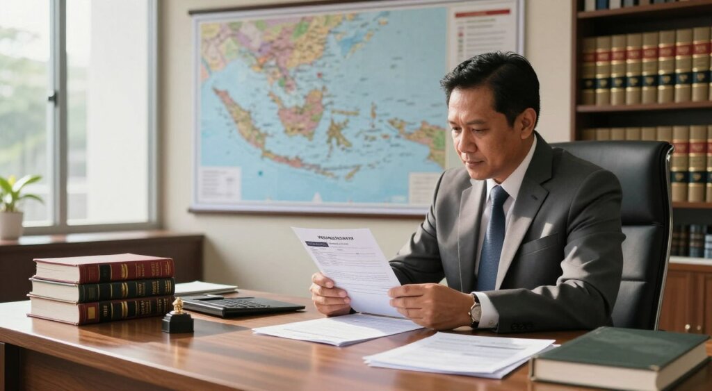 A professional office setting in Indonesia, showcasing a well-dressed legal advisor sitting at a sleek wooden desk cluttered with visa documents and legal books. In the foreground, the advisor, a middle-aged Indonesian man in a tailored suit, is thoughtfully examining a visa application under natural daylight streaming through large windows. The middle ground features a large map of Indonesia on the wall, symbolizing the diverse travel regions. In the background, shelves filled with law-related resources create an academic atmosphere. The lighting is warm and inviting, enhancing a sense of professionalism and expertise. The image conveys a mood of determination and clarity, suitable for those seeking legal guidance on visa issues in Indonesia.