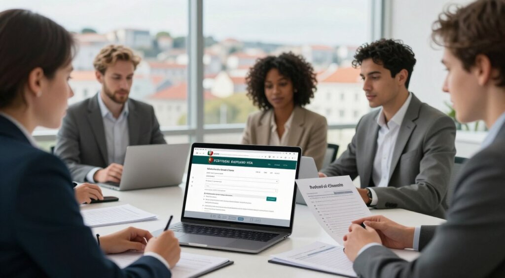 A professional office setting showcasing the application process for Portugal's Digital Nomad Visa. In the foreground, a diverse group of individuals dressed in business attire are engaged in a collaborative discussion around a modern table filled with documents and a laptop displaying online application forms. In the middle, the focus is on a polished laptop screen showing the Portugal visa application website, with forms partially filled out and a printed checklist beside it. The background features a large window with a view of a vibrant cityscape, with bright natural light illuminating the scene, creating an atmosphere of optimism and professionalism. The image should be captured with a slight depth of field effect, emphasizing the foreground action while softly blurring the background city view, maintaining a clear, informative yet inviting mood.